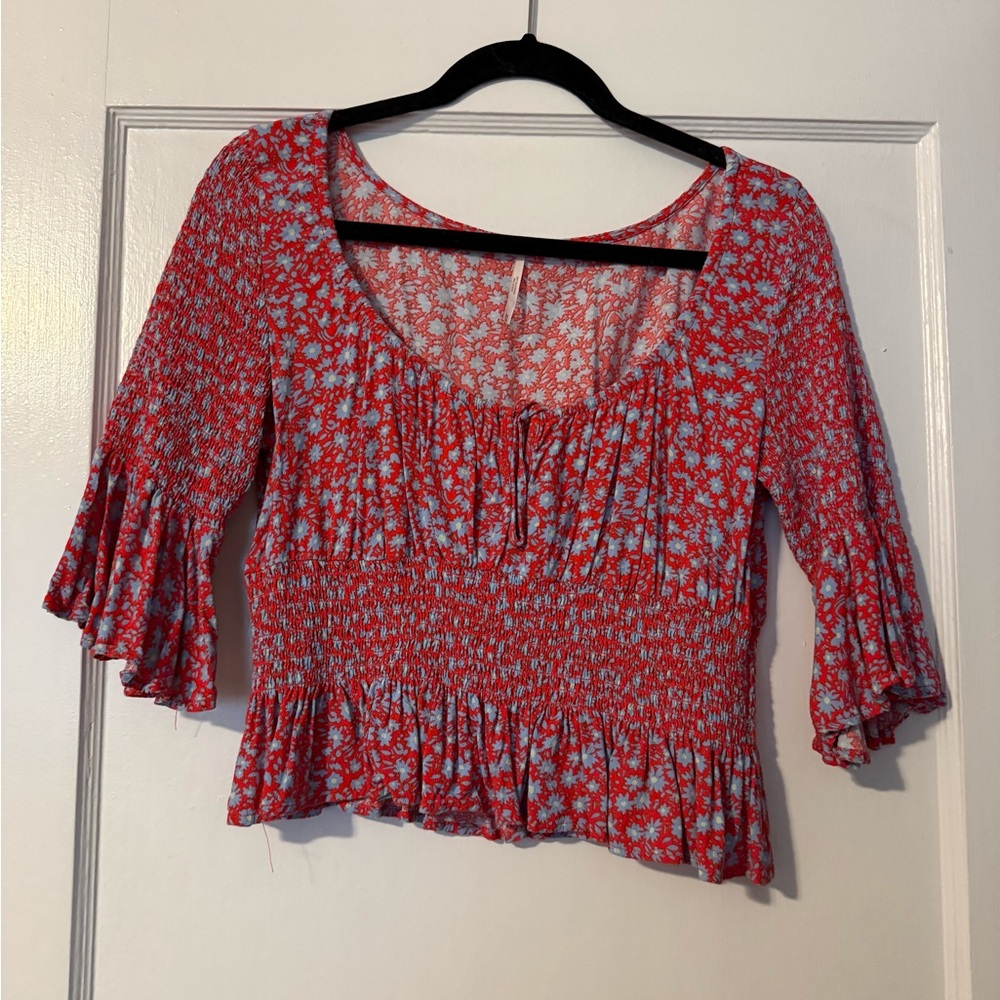 Free People A Bit of Something Red Floral Ruffle Blouse